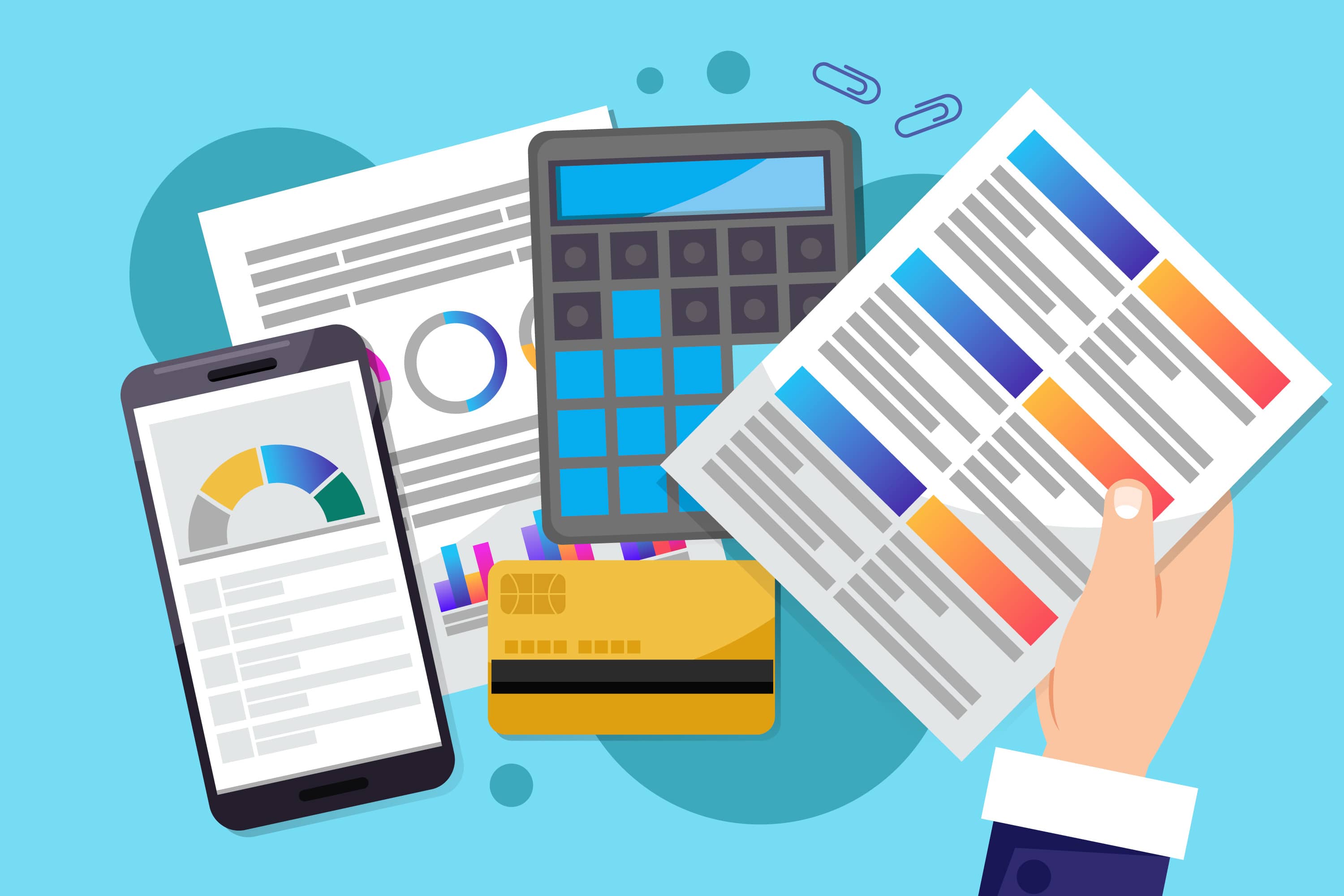 flat image of calculator, credit card, paperwork