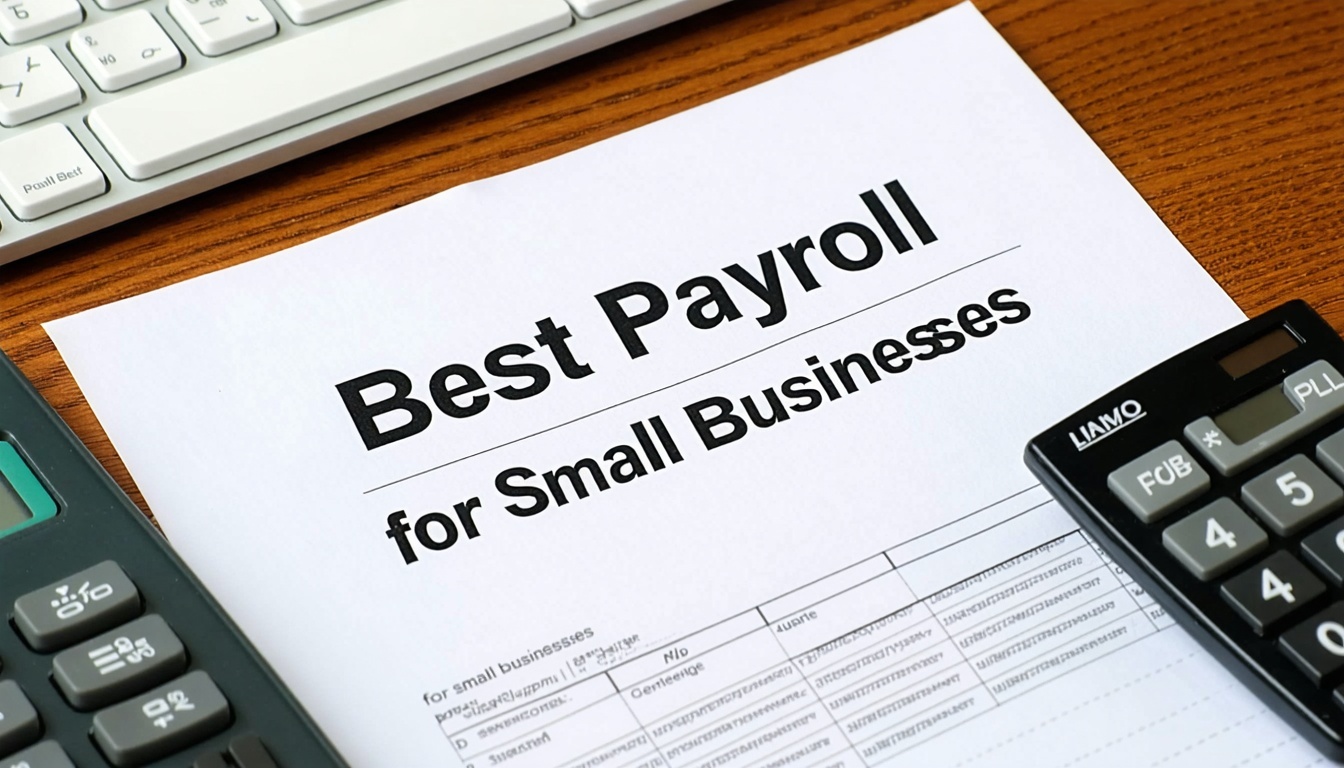 Best Payroll for Small Businesses spelled out in english in perfect format across a desk with a stack of papers and a calculator