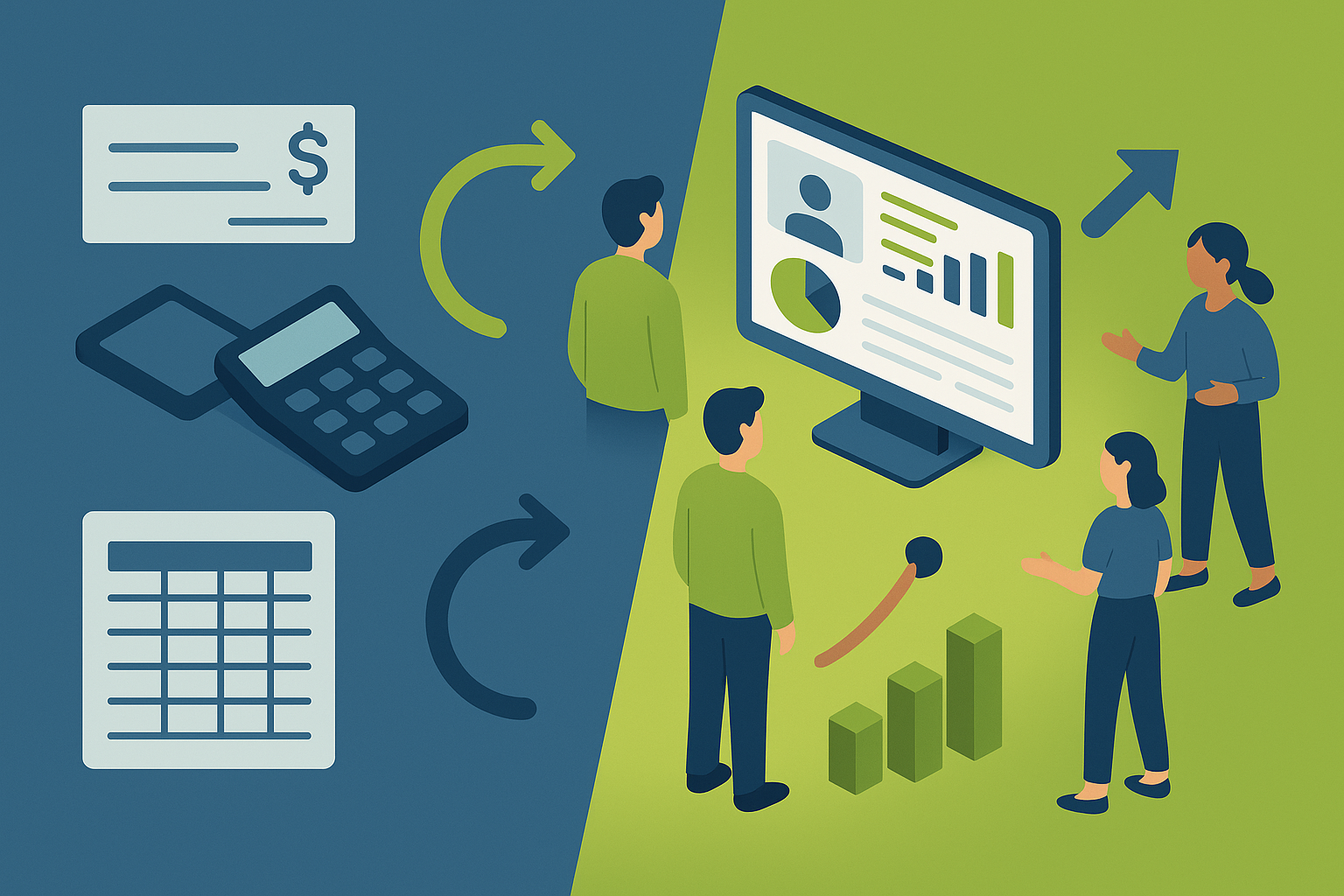 llustrating a comparison between basic payroll software and advanced HCM systems. Use a modern flat vector style with Lift HCM brand colors (#337DB4, #8BAB32, #425B76, #4D901C). Show an abstract split design: on one side, simple payroll icons like checks, calculators, and spreadsheets; on the other side, advanced HCM icons like employee growth, digital dashboards, and collaboration tools. Include arrows or pathways suggesting an upgrade from simple to advanced. Clean, minimal, people-focused, no text in the image.