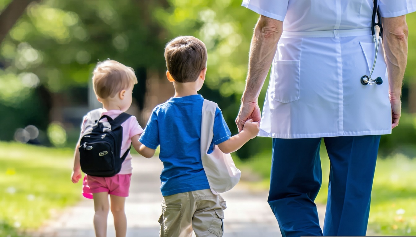 image of doctor holding little childrens hands