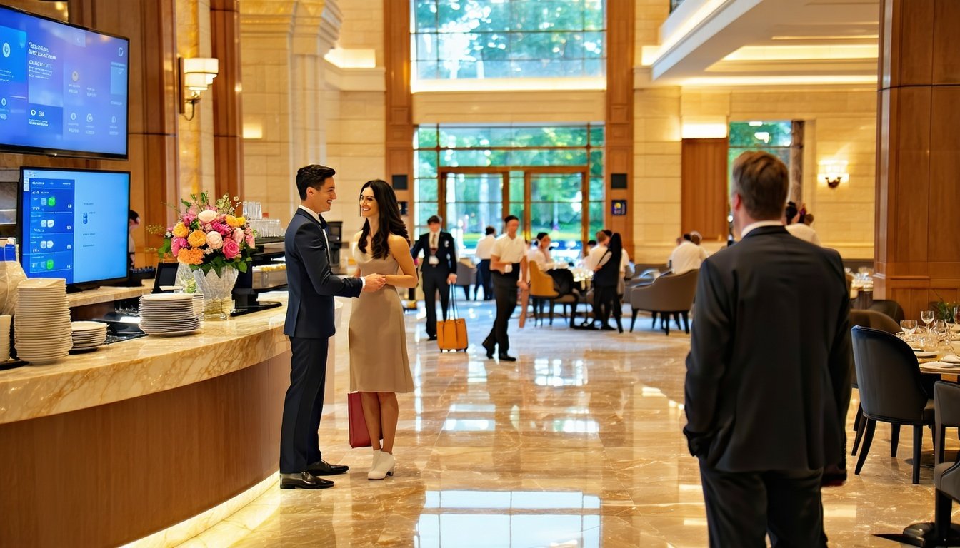 The image depicts a bustling hotel lobby filled with diverse staff and guests In the foreground a friendly receptionist is engaging with a couple chec