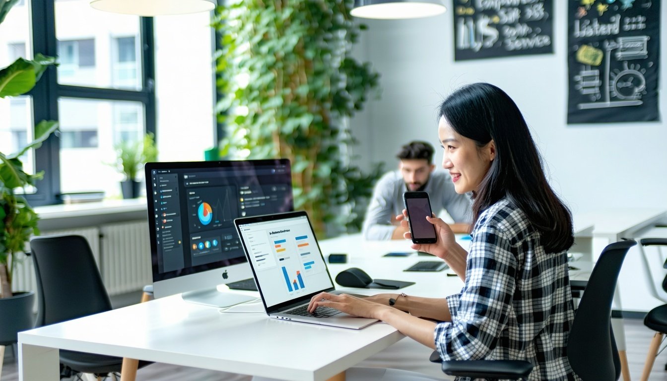The image depicts a modern office environment showcasing a diverse group of employees engaged with digital devices In the foreground a woman