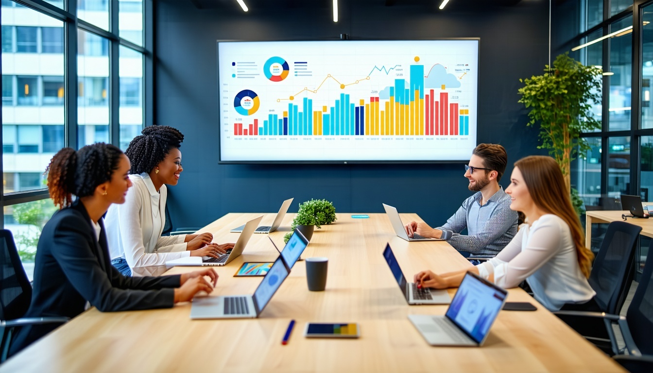 The image depicts a modern sleek office environment filled with natural light In the foreground a diverse group of professionals is gathered around a large conference table engaged in a lively discussion Laptops and digital tablets are open in front