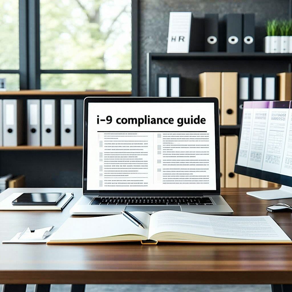 The image features a clean modern office environment with a large sleek desk at the center On the desk there is a laptop open to a detailed digital document titled I9 Compliance Guide Beside the laptop a notepad filled with handwritten notes and a pe