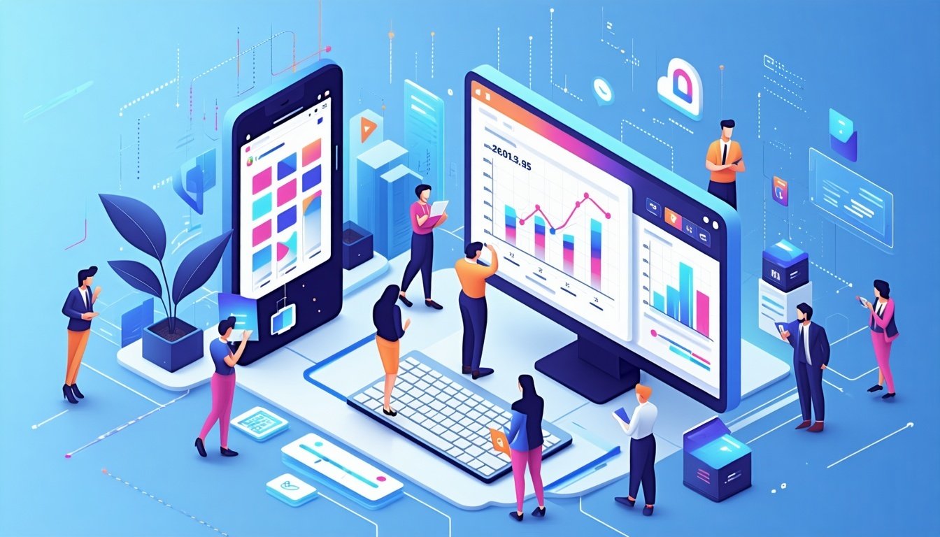 employees on top of a computer in isometric