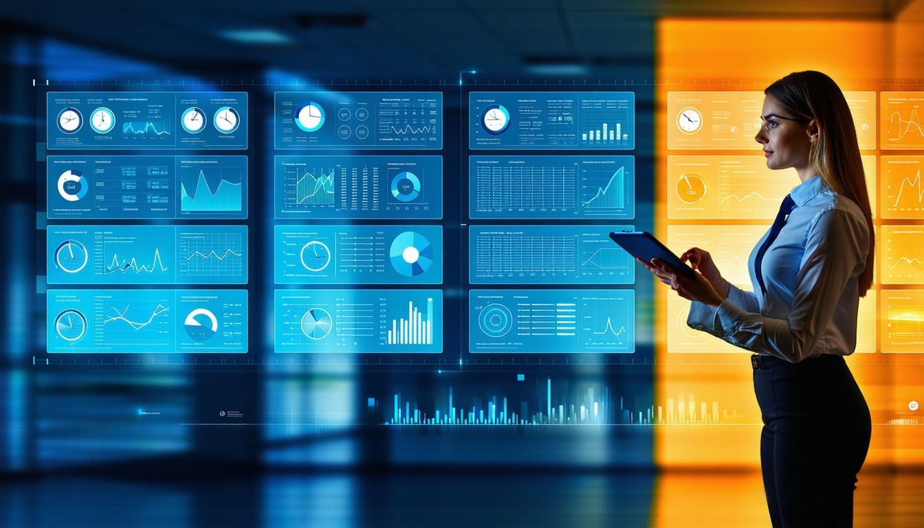 technology foreard image of an woman with technology screens in the background