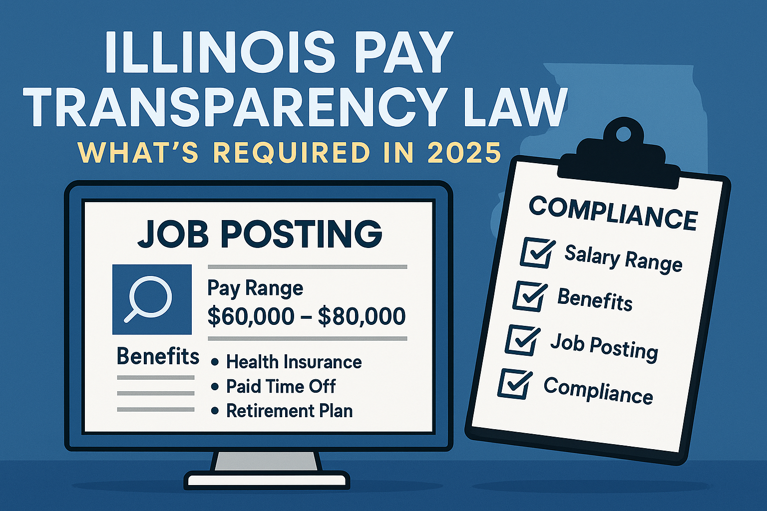 Infographic showing Illinois Pay Transparency Law 2025 requirements, including a job posting with salary range and benefits, and a compliance checklist.