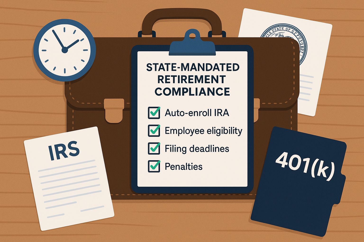 Compliance Checklist Overlaying a Briefcase or Office Desk  Visual Type: Illustrated flat-lay or 3D-style photo montage Elements:      A clipboard with a checklist titled “State-Mandated Retirement Compliance”      Items checked off: Auto-enroll IRA, Employee eligibility, Filing deadlines, Penalties      Icons like a clock, IRS document, state seal, or a 401(k) folder