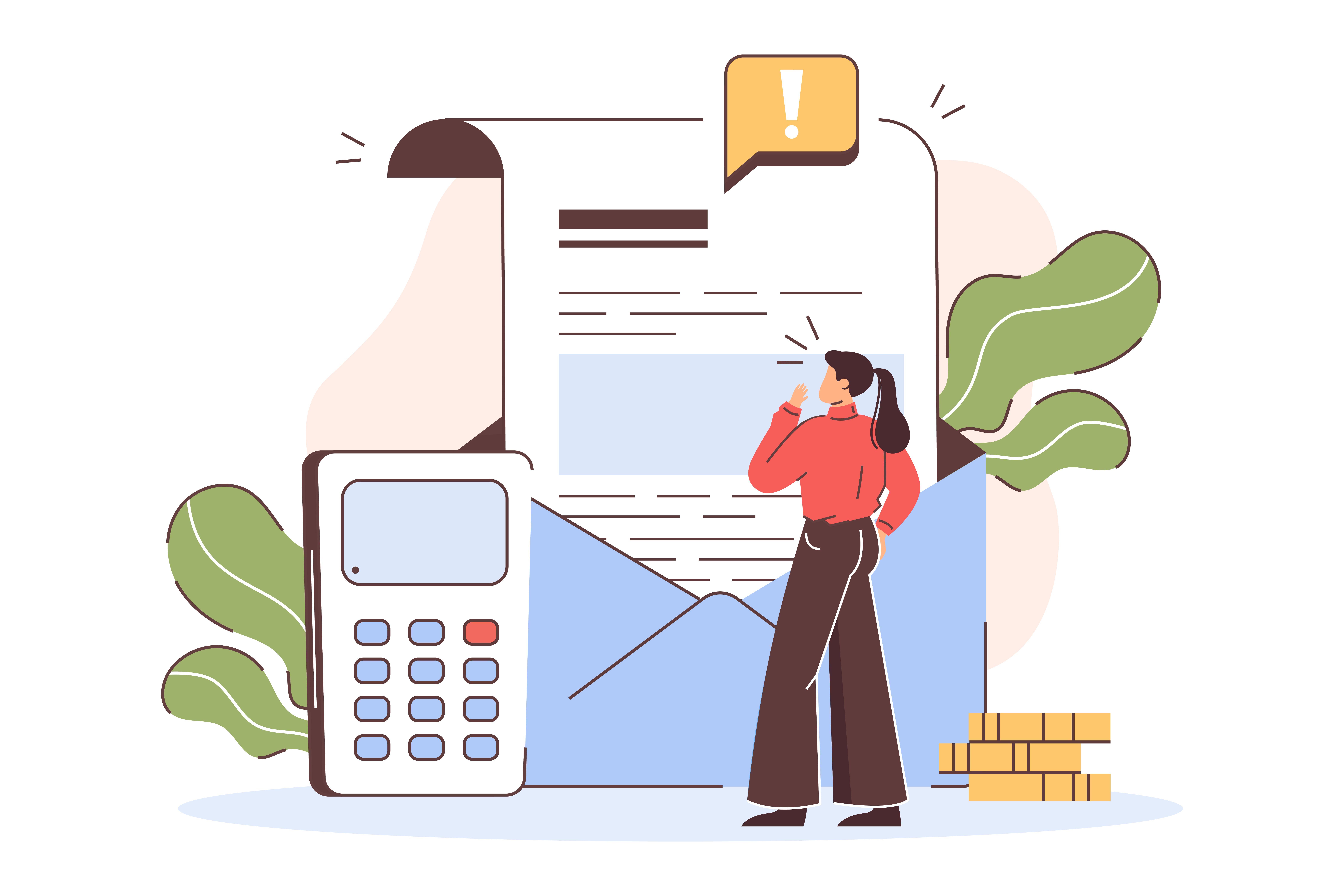 flat illustration of worried woman looking at paycheck